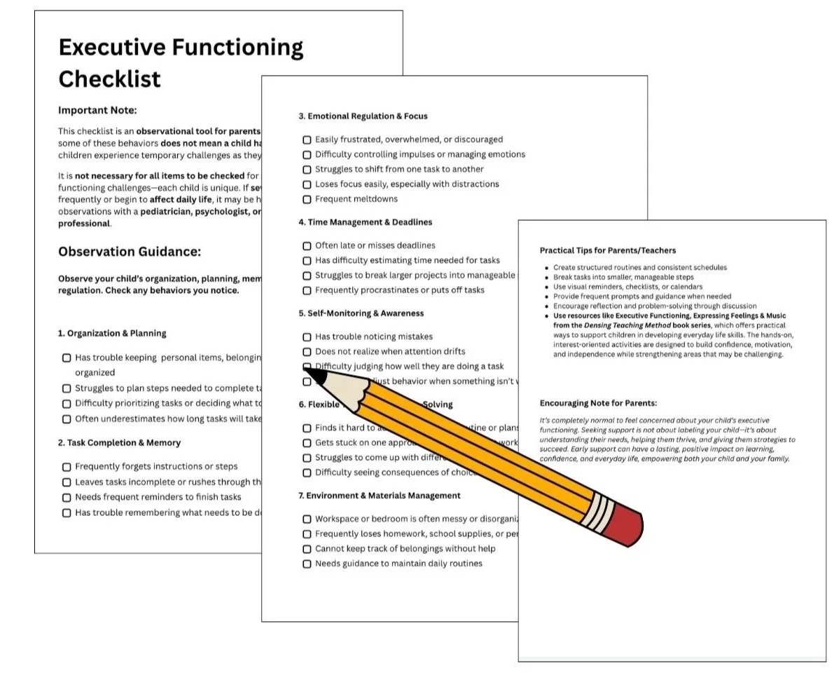 Preview of executive functioning checklist for children, showing sections for focus, organization, task completion, and time management