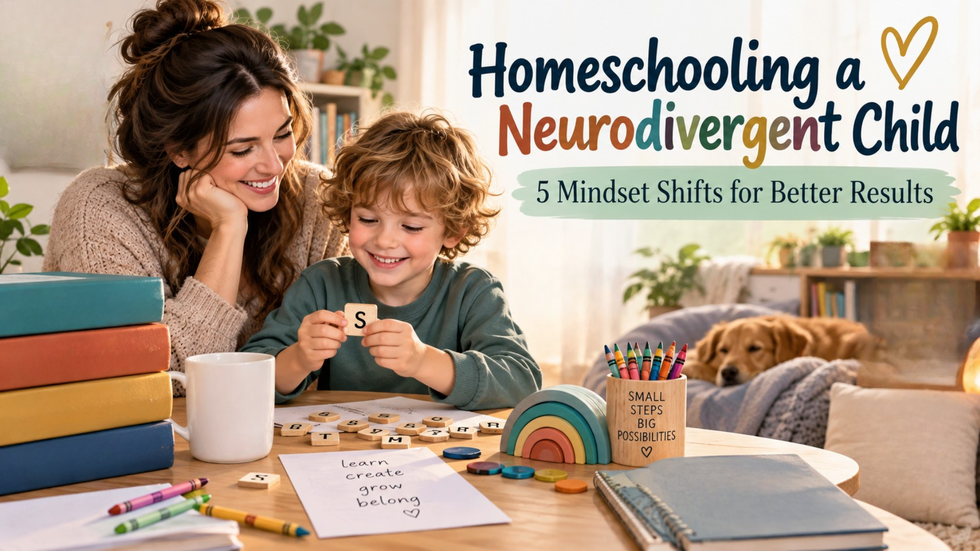 Mother homeschooling a child with hands-on learning materials, introducing five mindset shifts for better learning with a neurodivergent child.