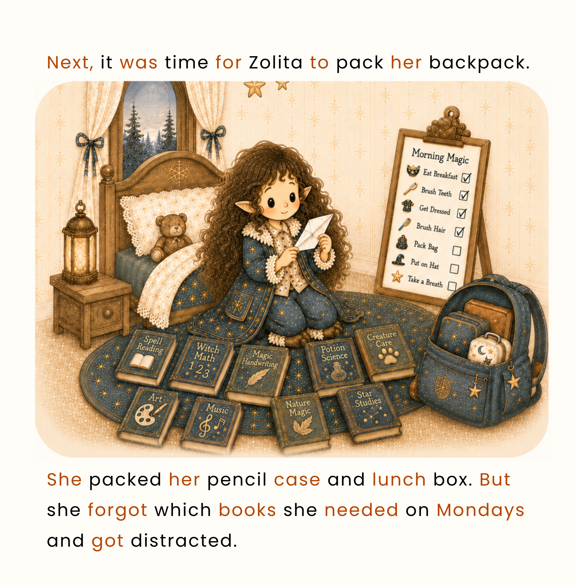 Children’s picture book illustration of a young witch getting distracted while packing her backpack and trying to remember what she needs for Monday school routine.