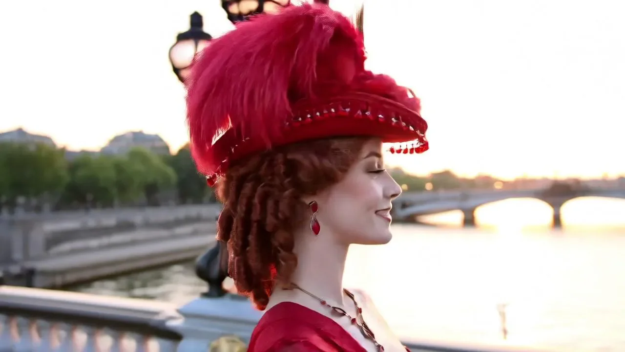 Transport yourself to the past with a Victorian-inspired red hat, lavishly trimmed in heart beads, gimp, ostrich, peacock feathers, and a silk band.