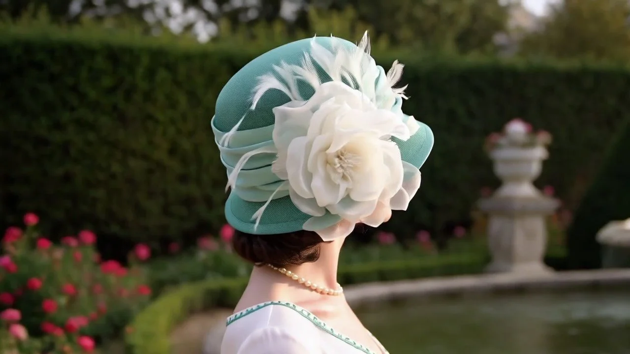 Delicate sinamay hat in sea foam green, featuring a dupioni silk band and a white satin-organza rose, framed by white feathers.