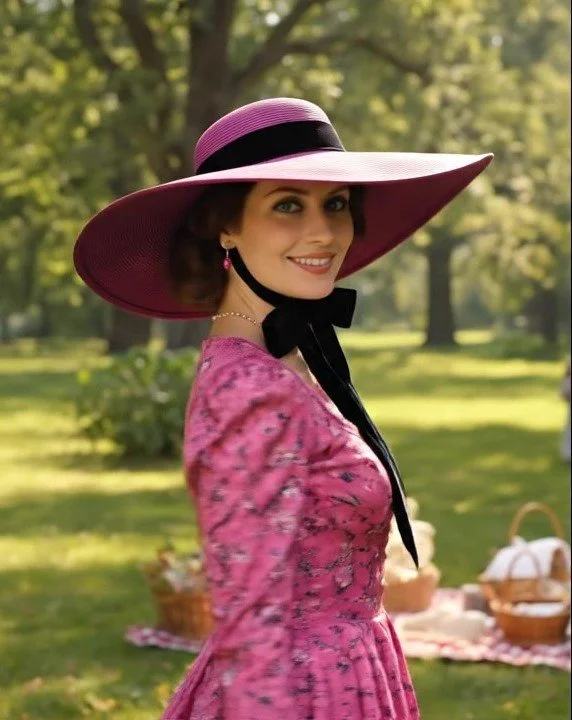 Elegant Hot Pink Gone with the Wind style southern Belle Hat with Black Velvet Ribbon.