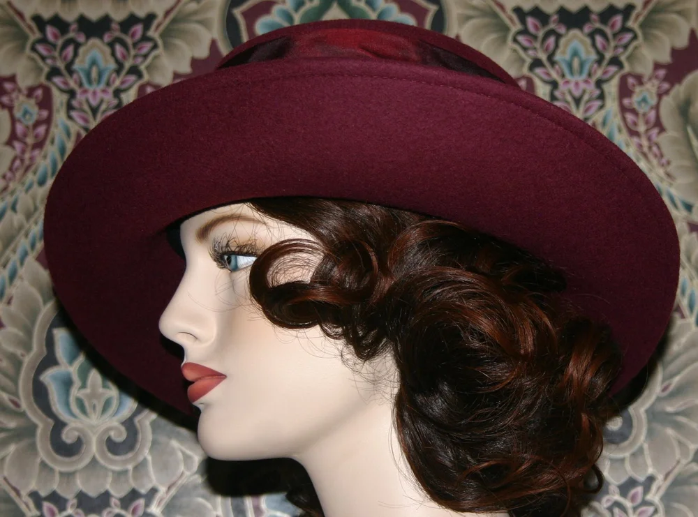 Elegant Burgundy Hat Burgundy Felt Wild Brim Hat With Feather | Black Wide Brim  main image 4