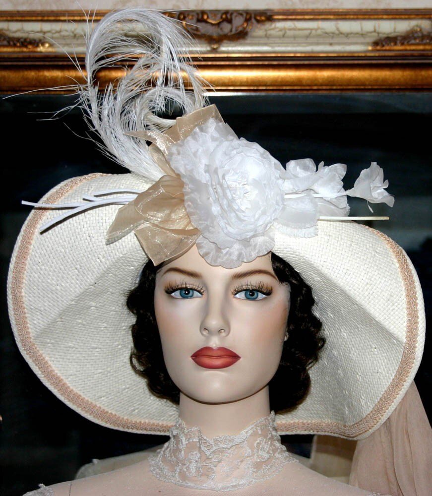 Wide brim ivory and tan toyo straw Gatsby Hat.