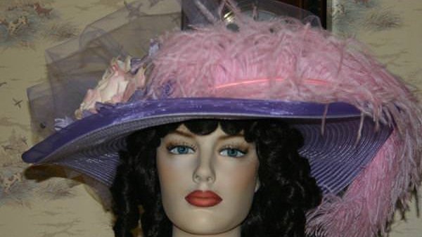 Lavender & Pink Victorian Hat with Rose and Pink Feathers.