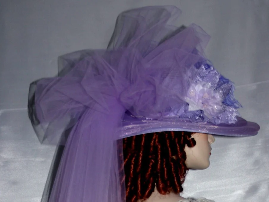 Lavender Victorian Tea Party Hat adorned with lilies, lace  display picture 3