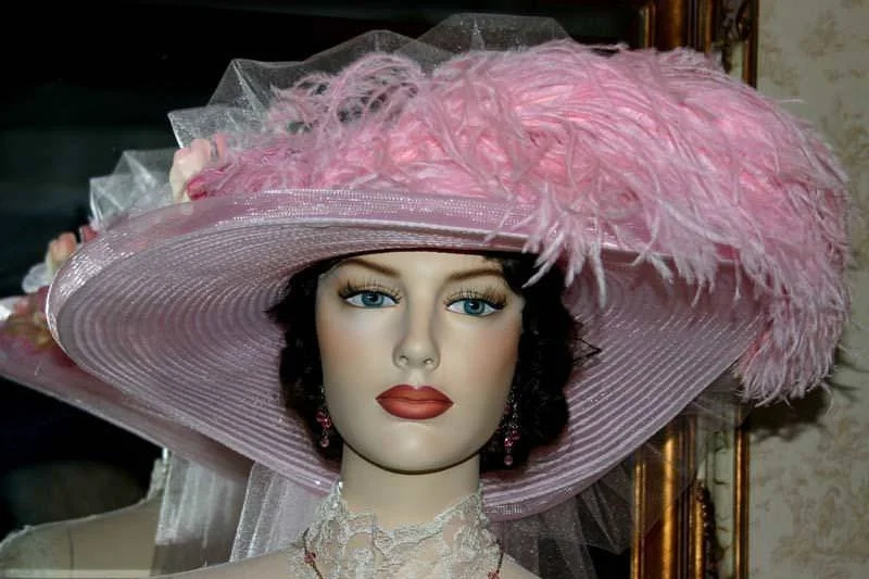 Romantic Pink Victorian Tea Party Hat Pink Rose Crystal  display picture 1