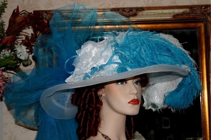 Victorian Tea Hat Adorned with Lace and Ostrich plumes  display picture 1