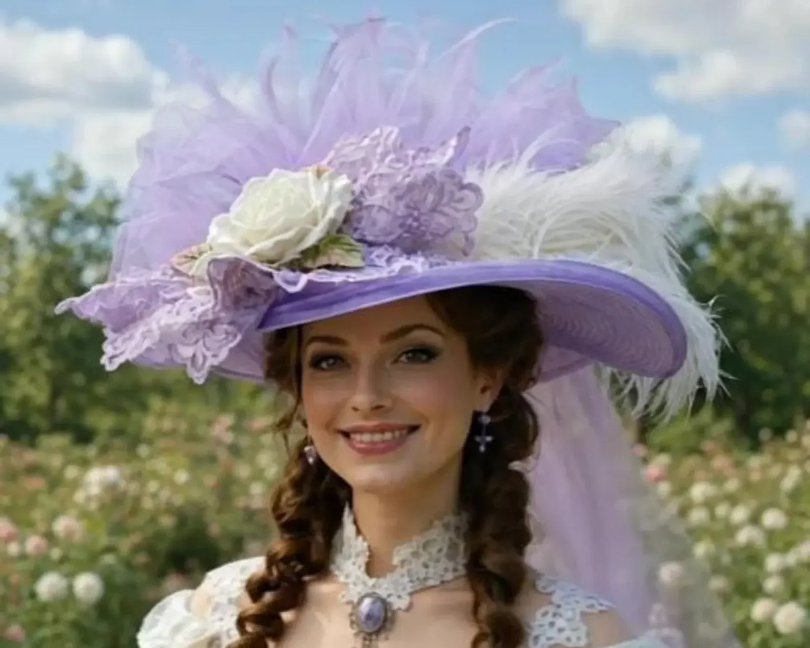 Lavender Victorian Tea Hat - Crystal Fairy Tea Hats are adorned with ostrich feathers, tulle, lace and millinery flowers.