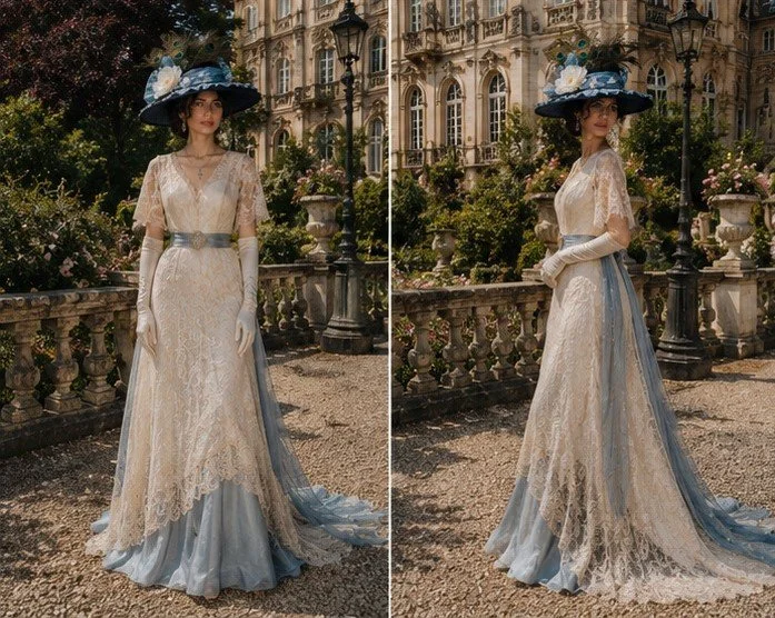Two images of a lovely lady dressed in afternoon gown and wide brim hat.
