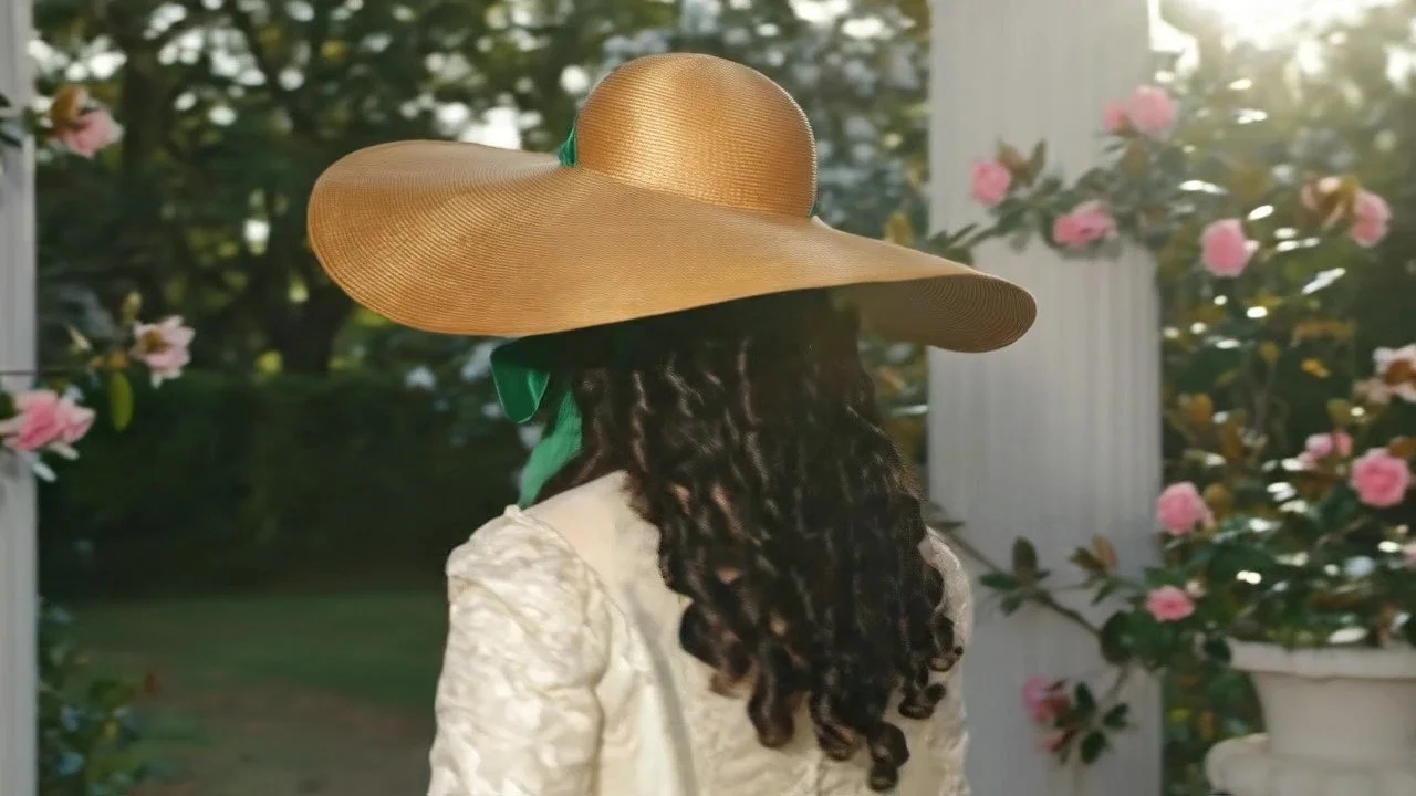 Backview of Gone with the Wind Southern Belle Hat in a golden designer straw color.