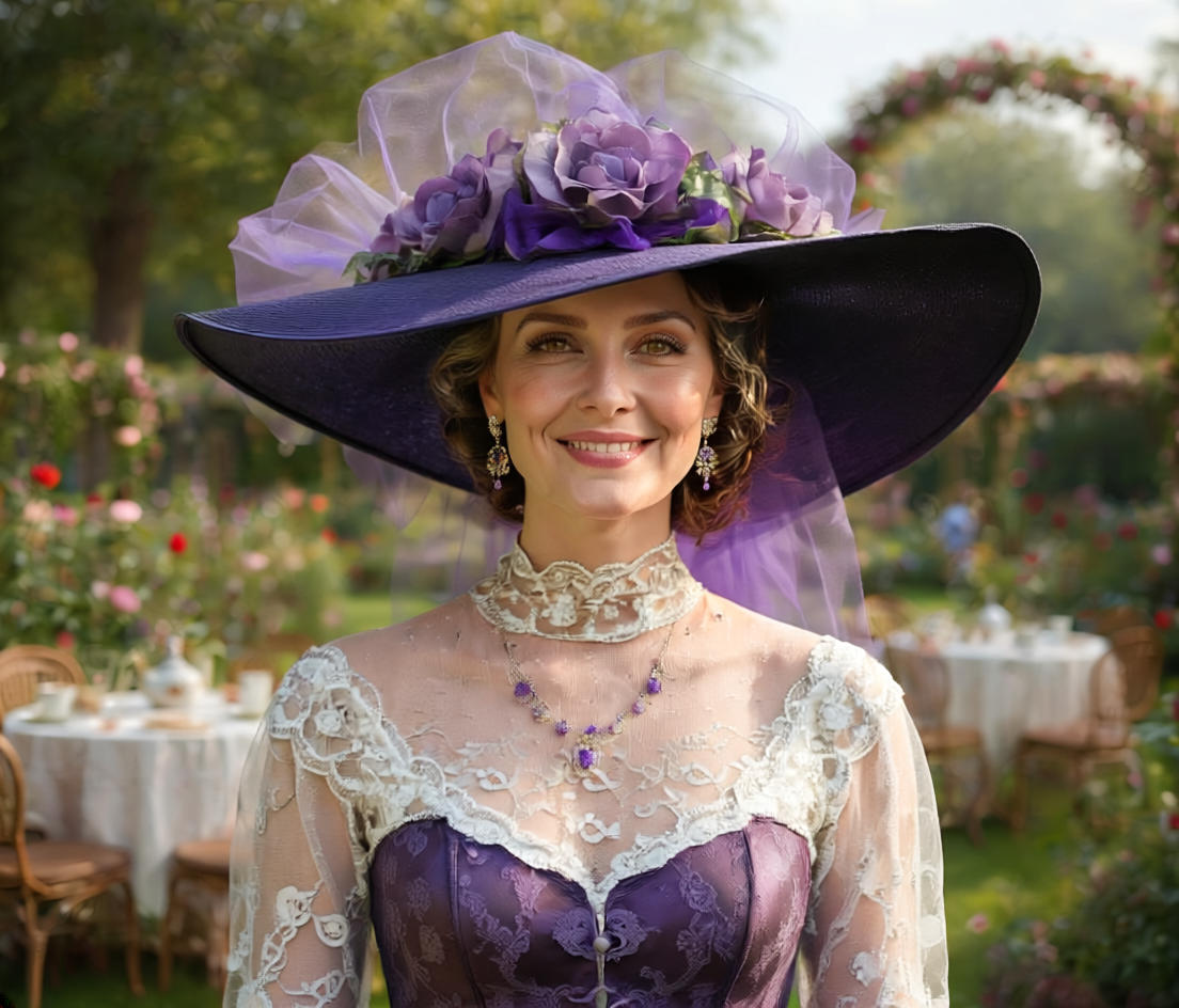 Purple Victorian Hat Southern Belle Style for garden party.