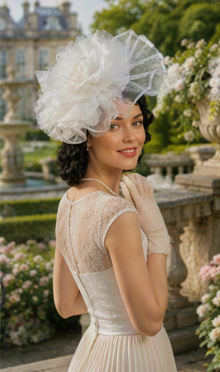 Side view of fascinator adorned with a Huge Organza and Velvet White Rose.Madame Rosalie - Fascinator