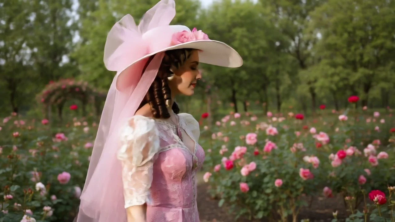 Sideview of white Southern Belle Hat adorned with roses and pink tulle.