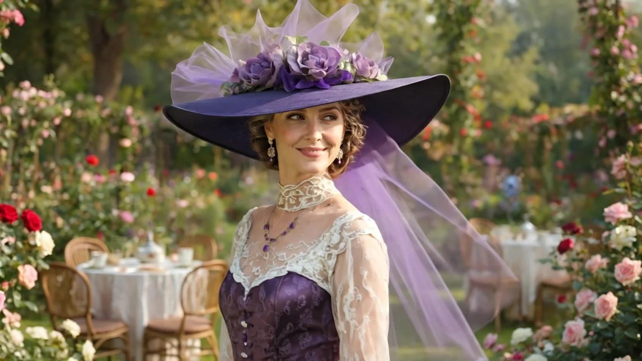 Purple Victorian Hat Southern Belle Style for garden party accented with roses and tulle.