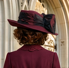 "Back view showing the graceful silhouette and handcrafted craftsmanship of the Lady Olivia Hat"
