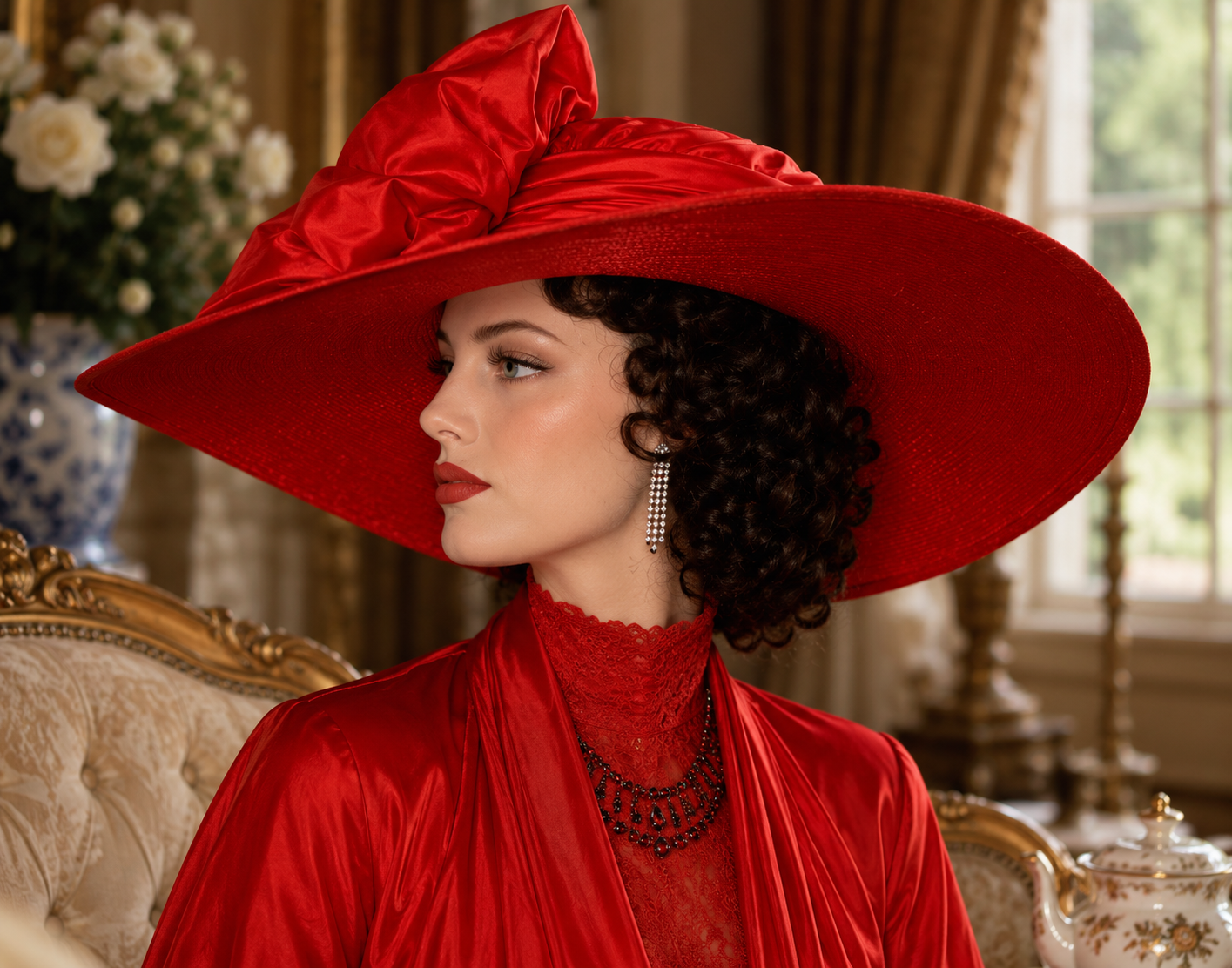 Make a bold statement and bask in the sun safely with our designer faux straw hat, boasting a dramatic red silk bow and a matching silk hatband.