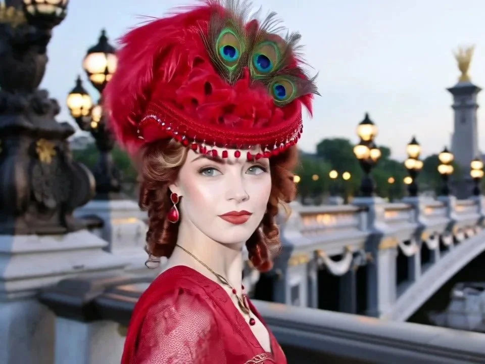 Mademoiselle Ciel Bleu is a gorgeous ivory wool hat adorned with hot pink French Beads and ivory French Gimp, a beautiful hot pink millinery rose is the focal point and fluffy blue ostrich feathers grace the crown with pure elegance.
