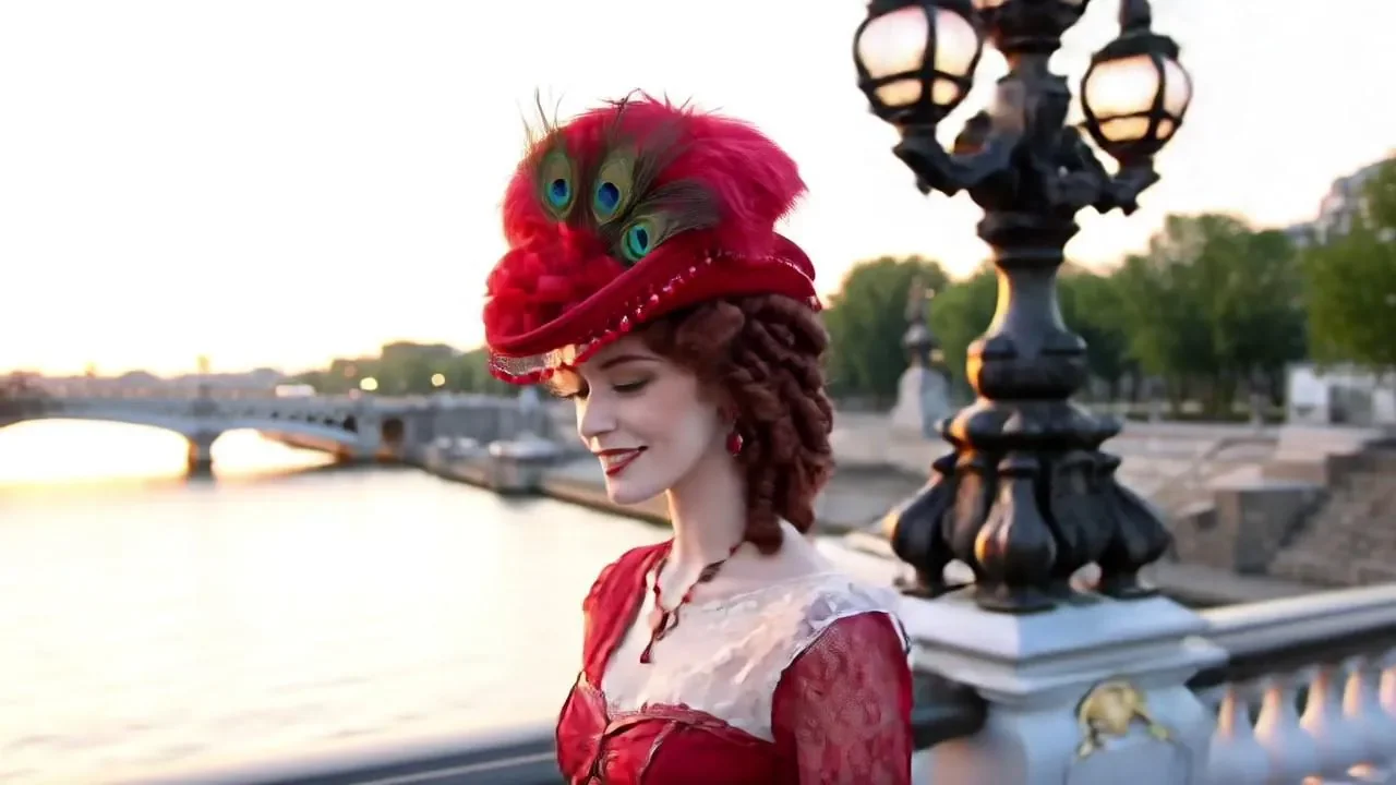 Make a statement in this exquisite red Victorian hat, adorned with French-style heart beads, gimp, and a splendid array of feathers.