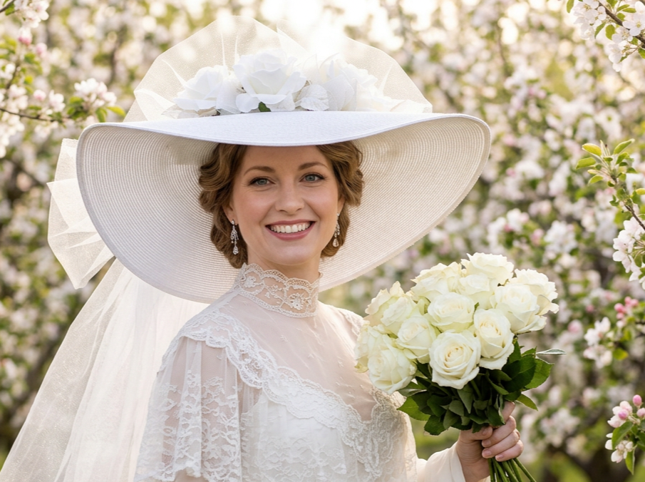 White Roses Southern Belle Wedding Hat with Victorian Flair - Sweetheart of Dallas