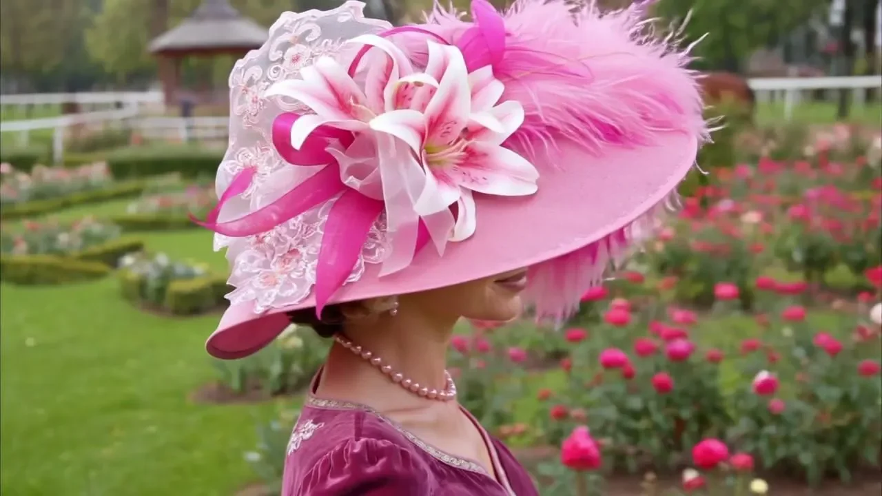 Organza Hat dominated by shades of pink, white lilies.