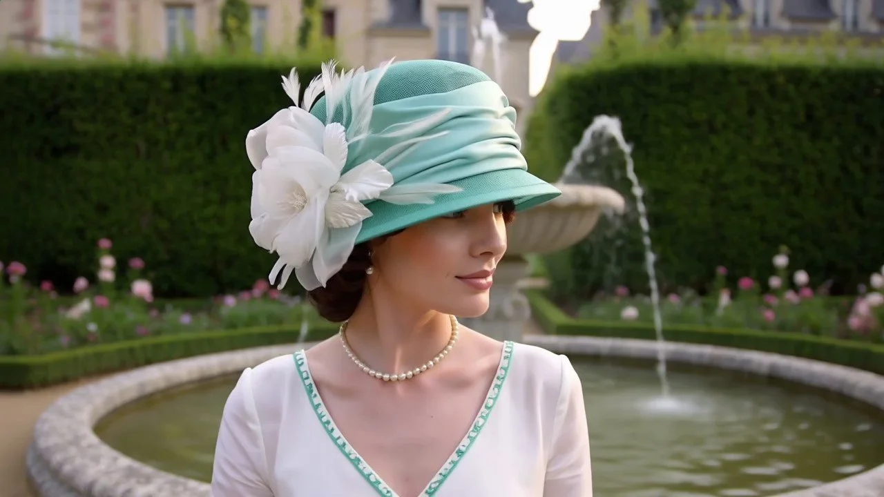 Side view of graceful sinamay hat in sea foam green, adorned with a dupioni silk band & a white satin-organza open face rose, framed by white feathers.