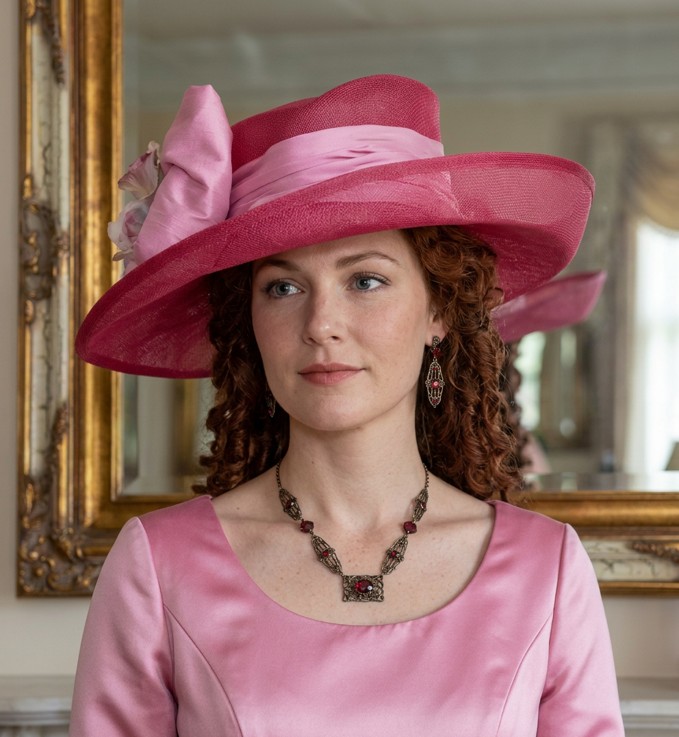 Pink Sinamay Edwardian Style Cavalier hat adorned with pink silk taffeta hat band and bow.  Accenting the bow is a nosegay of 2 pink roses and a rose bud with green satin leaves. 