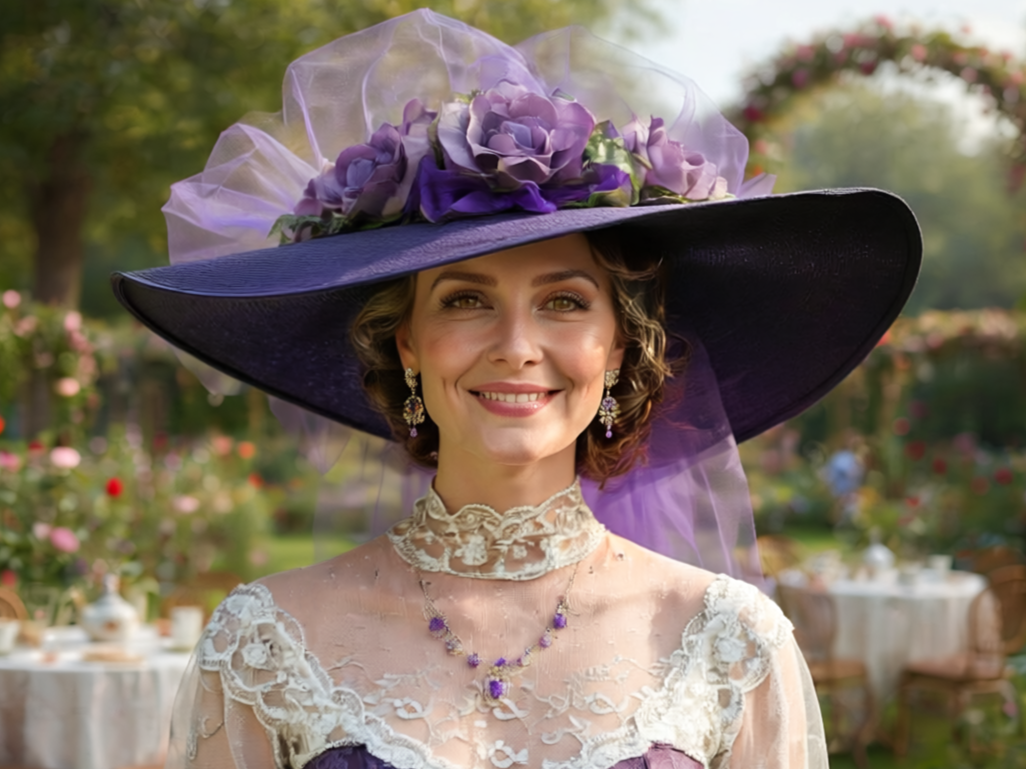 Purple designer straw hat adorned with purple Roses.