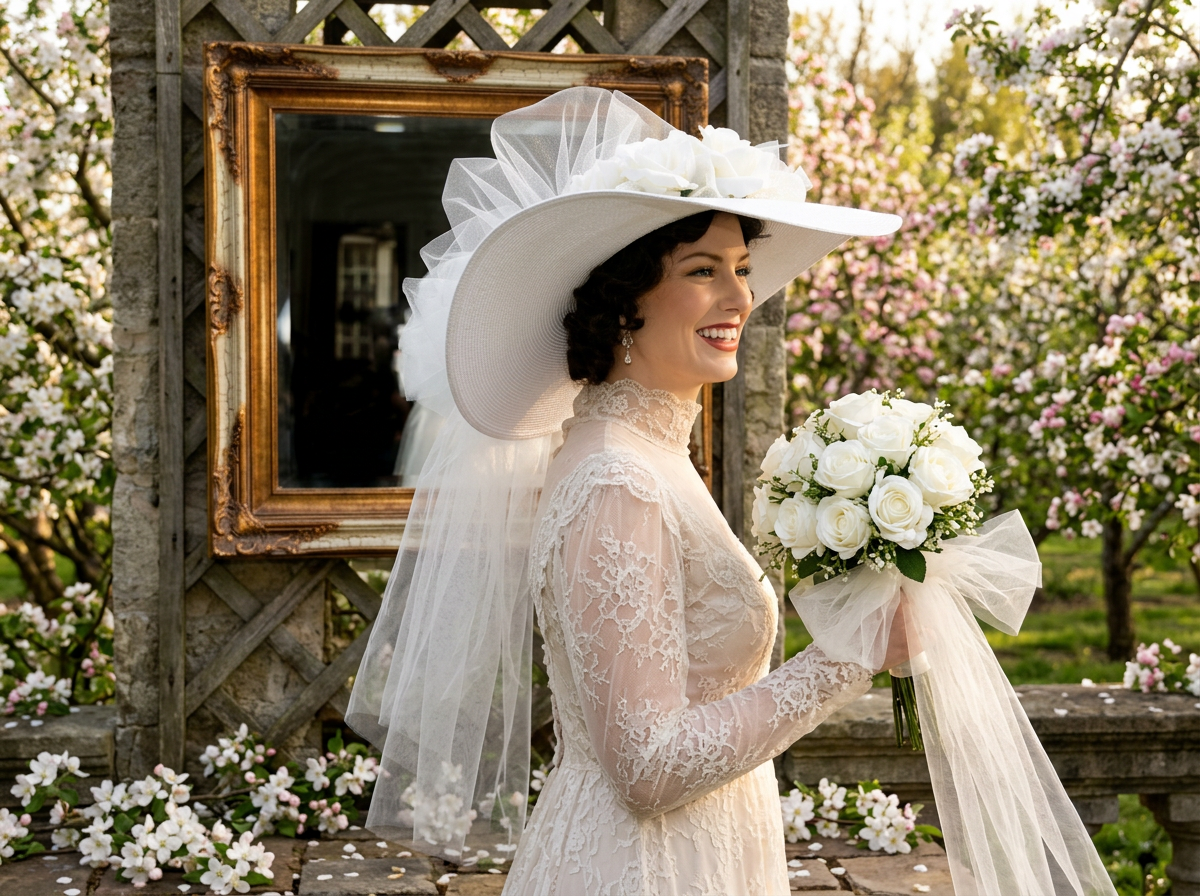 Wide Brim White Southern Belle Hat accented with white roses and white sparkling tulle.
