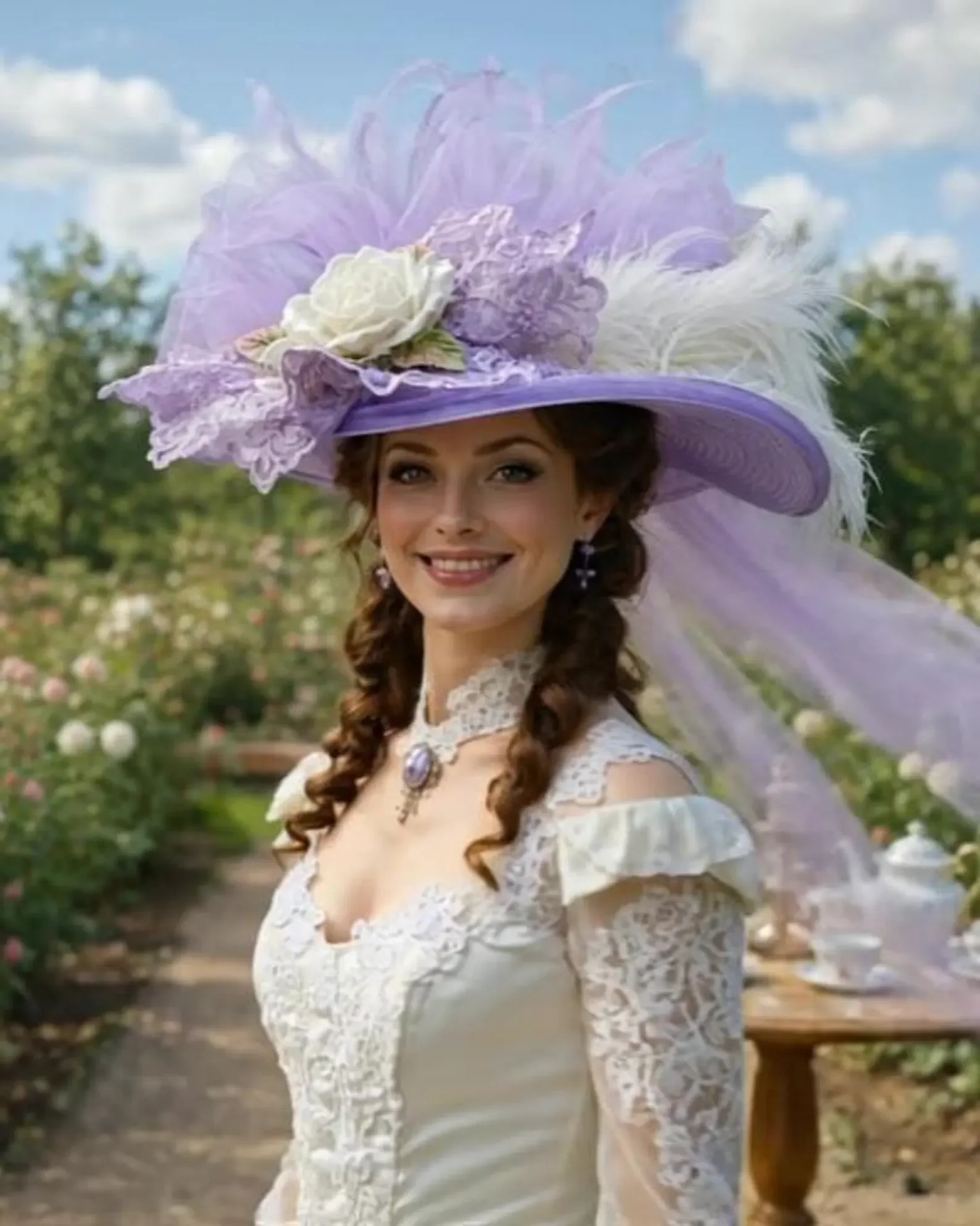 A Lavender Victorian Style hat adorned with lace, white rose and lavender tulle.