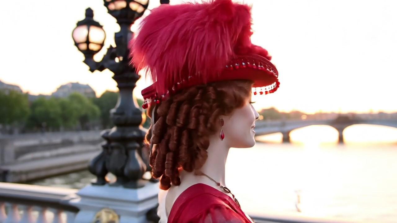 Elevate your style with this red Victorian hat, a true testament to elegance, boasting French-style heart bead accents, gimp, feathers, and a luxurious silk band.
