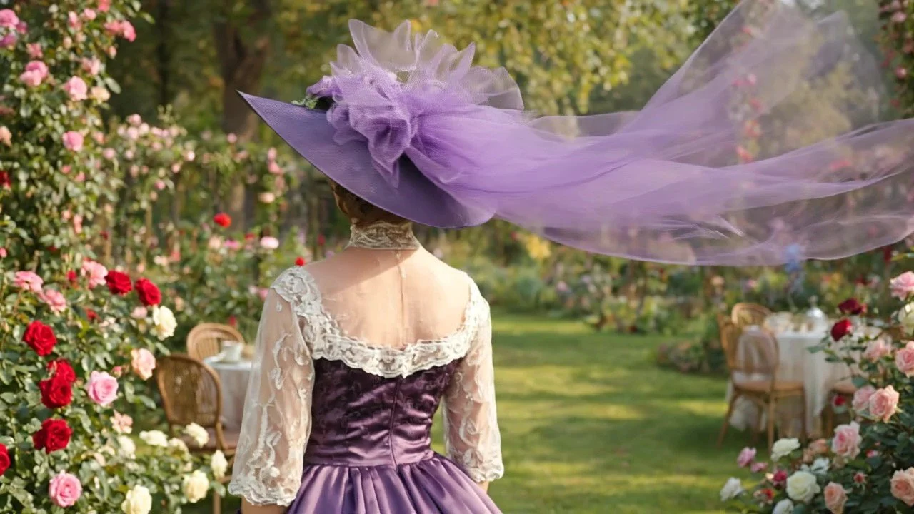 Back view of Southern Belle hat with the purple tulle floating on the breeze.