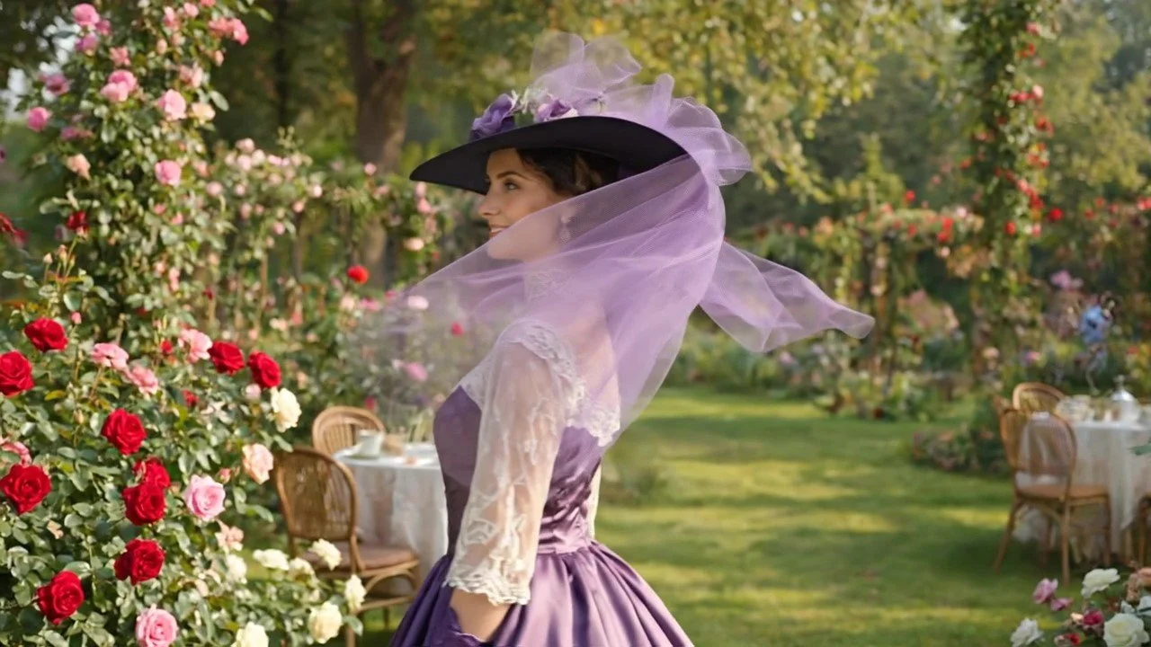 Sideview of lovely lady at Garden Party wearing a wide brim Southern Belle Hat.
