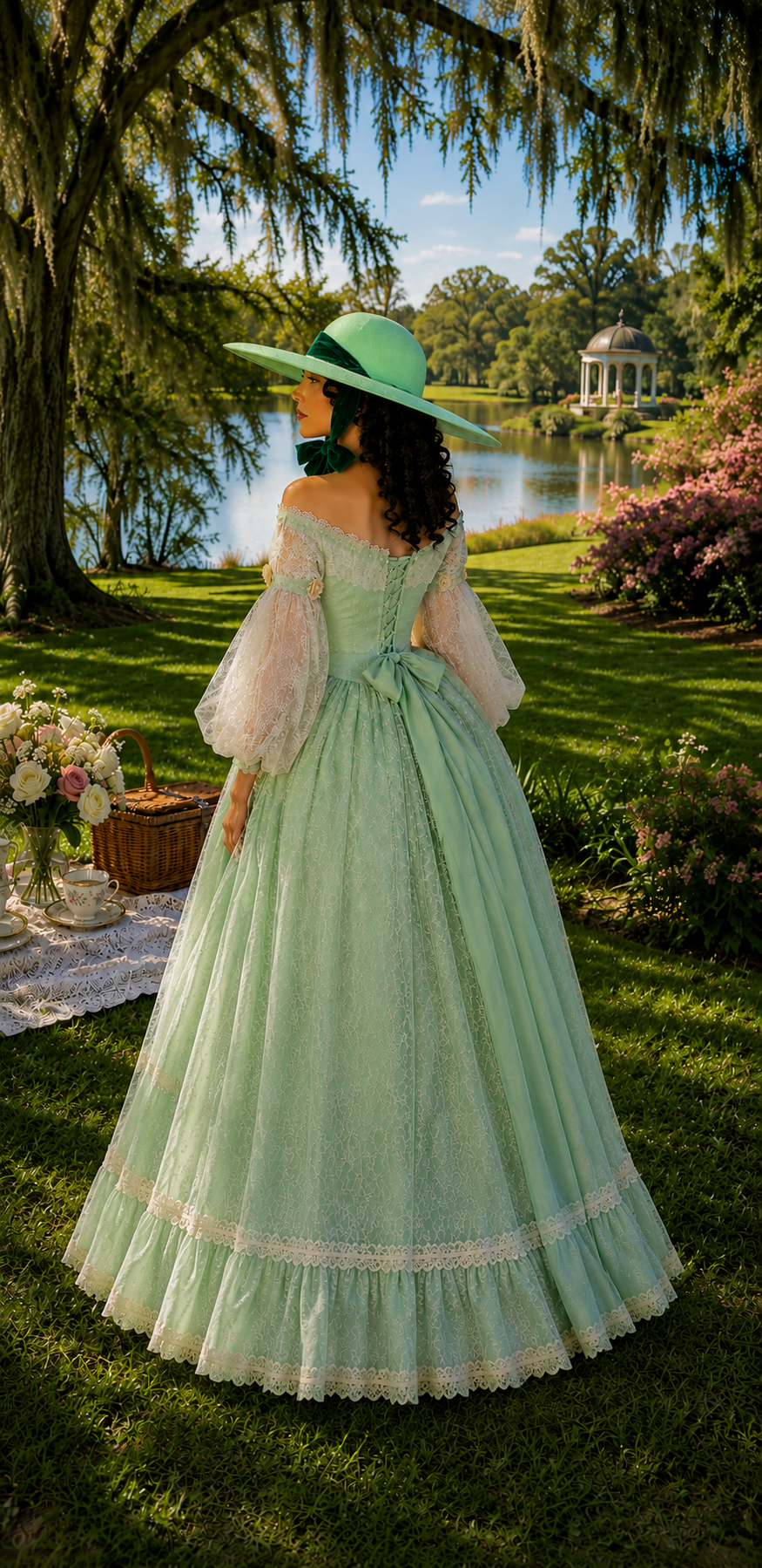 Side view of elegant Gone with the Wind style hat with green velvet ribbon ties.