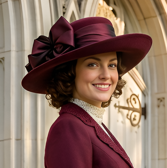 "Side profile showing the oval shape and elegant vintage velvet rose on the Lady Olivia Hat"