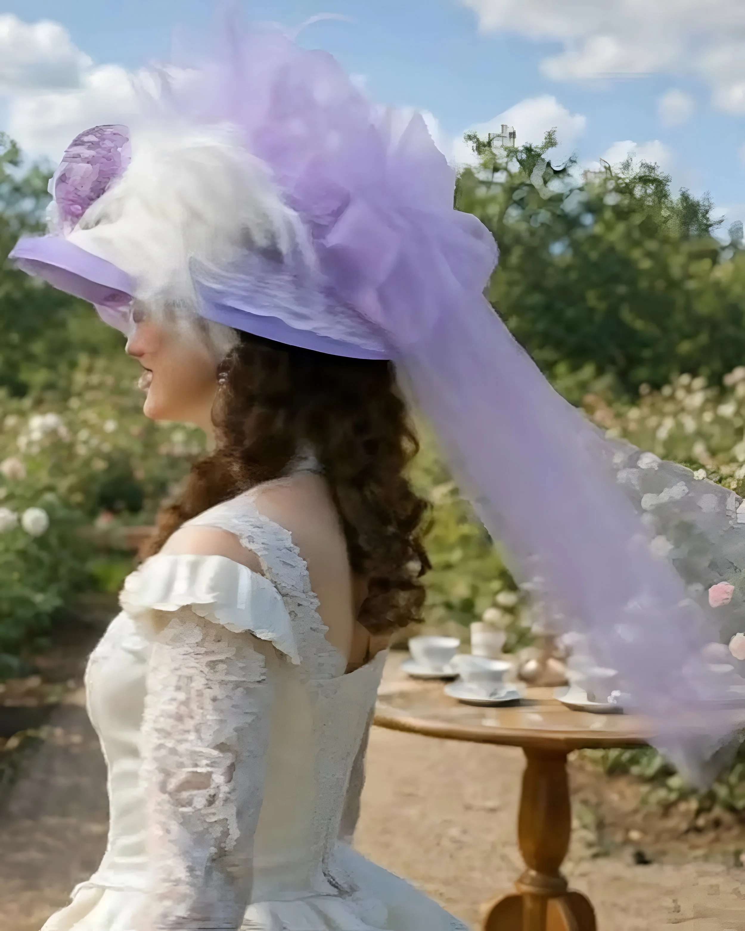 Sideview of Victorian Tea Hat, lavender tulle, white rose, lace and velvet leaves.