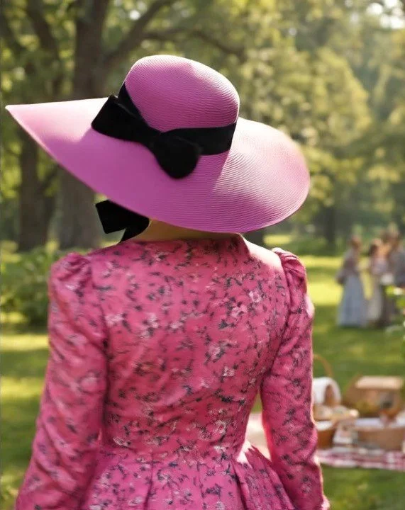 Elegant Back View of Hot Pink Gone with the Wind style southern Belle Hat.