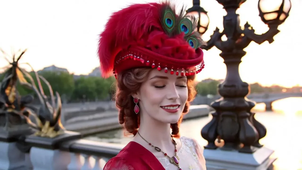 Transport yourself to the past with a Victorian-inspired red hat, lavishly trimmed in heart beads, gimp, ostrich, peacock feathers, and a silk band.