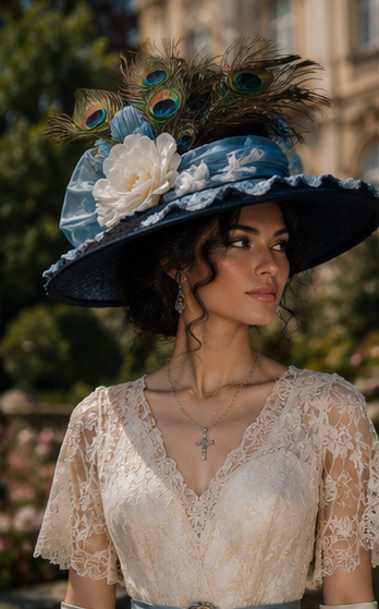 Edwardian Symetrical brimmed hat adorned with silk and apliques.