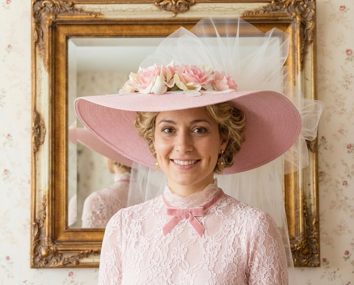 Wide Brim Pink Southern Belle Hat on blonde girl wearing Victorian style clothing.
