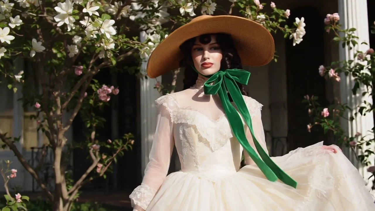 Gone with the Wind Southern Belle Hat in a designer straw color with green ribbon ties.