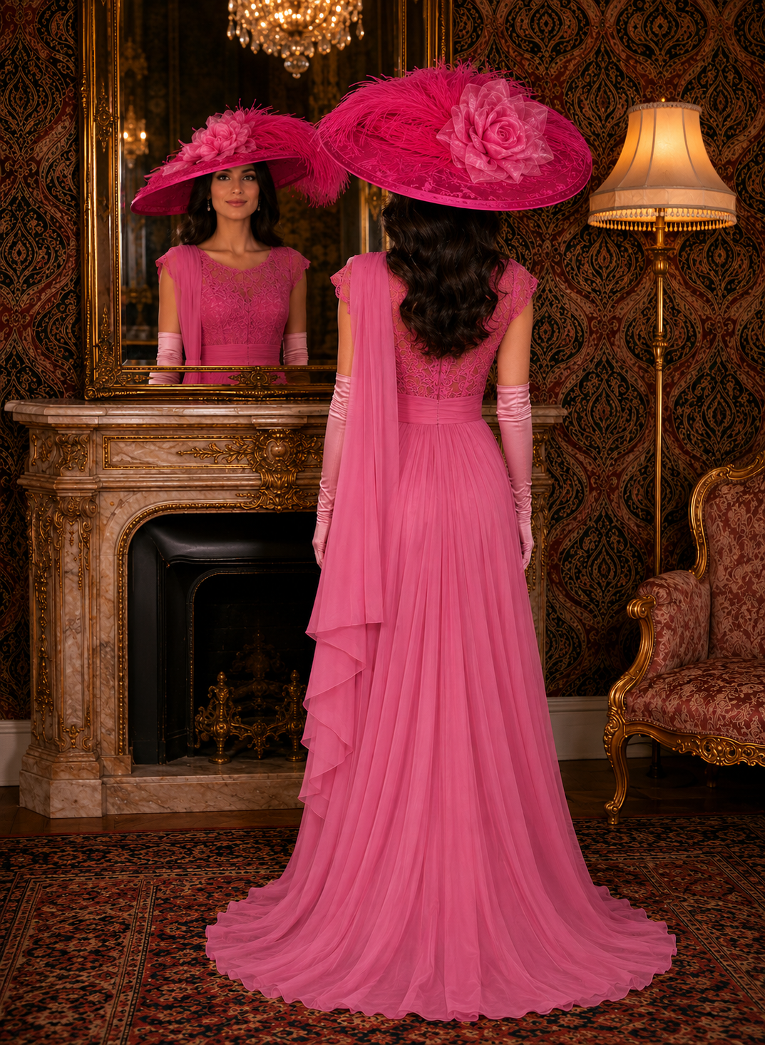 Accent: Delicate hot pink lace appliqués adorn both the inner and outer brims, enhancing the hat's allure.