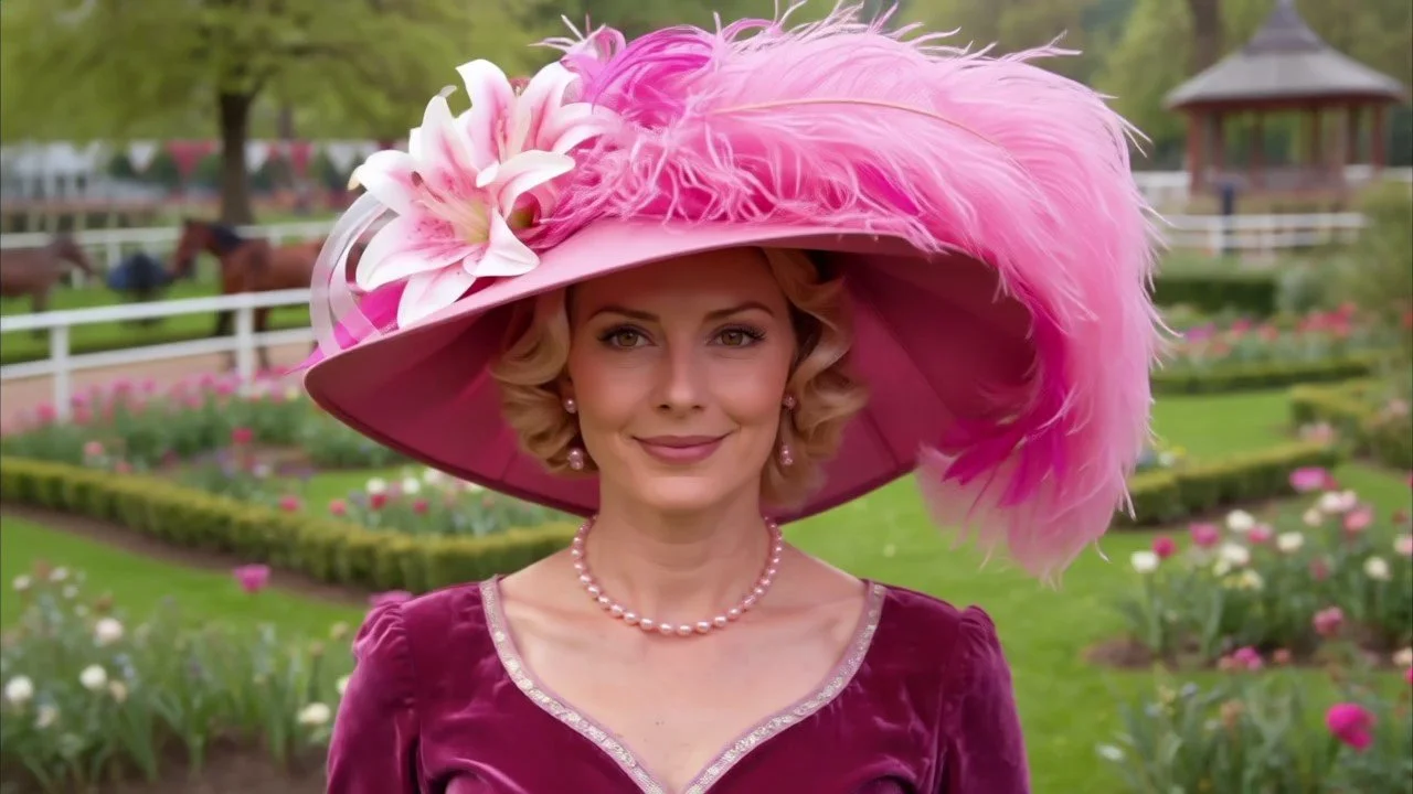 Pink Organza wide brim hat adorned with lace, Lilies and Ostrich feathers.