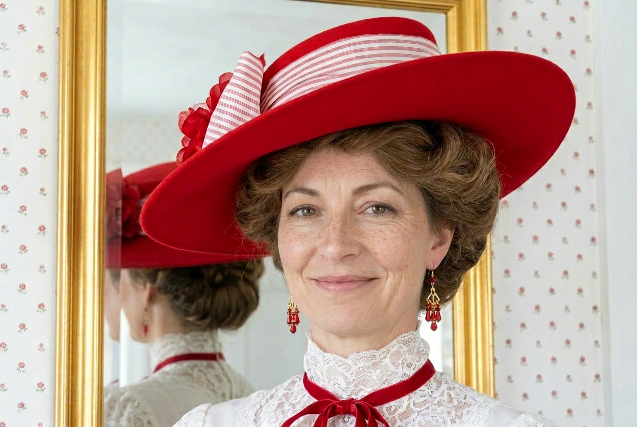 Edwardian Hat - Lady Olivia Red Wool hat adorned with silk hat band and bow. 