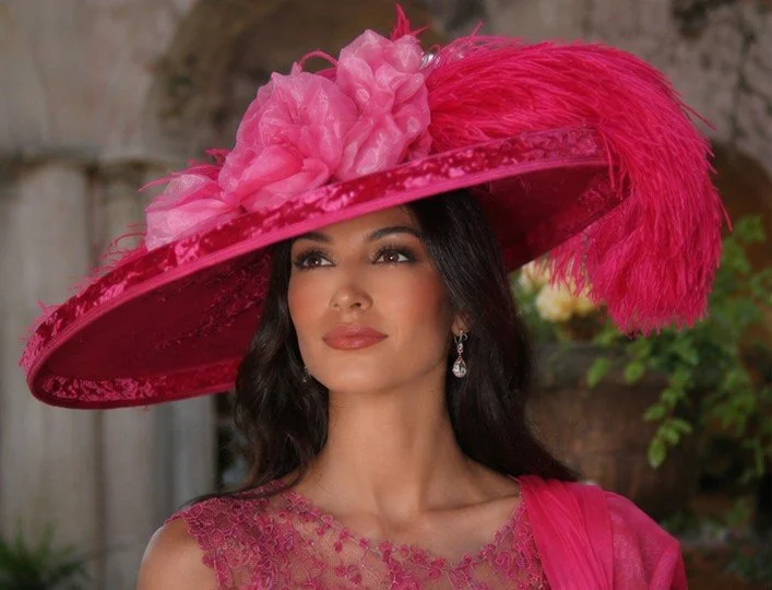 Elegant Hot Pink hat trimmed in hot pink Ostrich Feathers and huge hot pink rose.