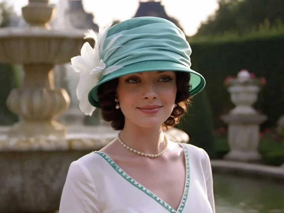1920's Flapper Gatsby Hat made of Sinamay and accented with a White Organza rose against seafoam colored silk. 