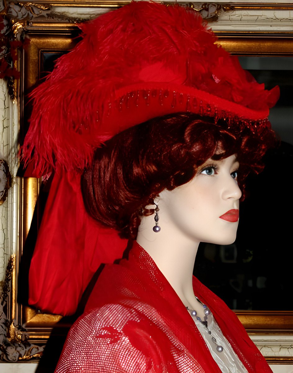 Embrace Parisian flair with this dainty red hat featuring ostrich feathers, French beaded trim, silk band, bow, and delicate millinery flowers.