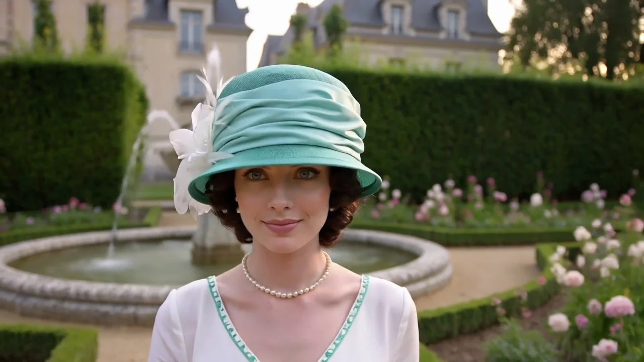 Graceful sinamay hat in sea foam green, adorned with a dupioni silk band & a white satin-organza open face rose, framed by white feathers.