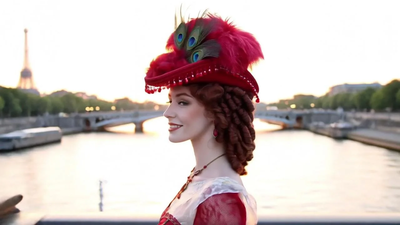 Victorian hat featuring heart-shaped French beads, gimp, ostrich, peacock feathers, and a red silk band.