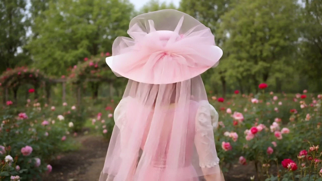 Back view showing the delicate sparkling pink tulle on a white Southern Belle Hat.
